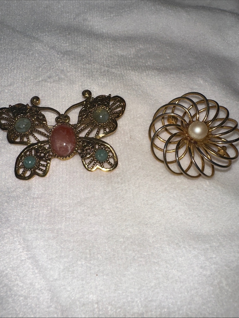 Gold-Tone Butterfly Brooch with Pink and Green Cabochons